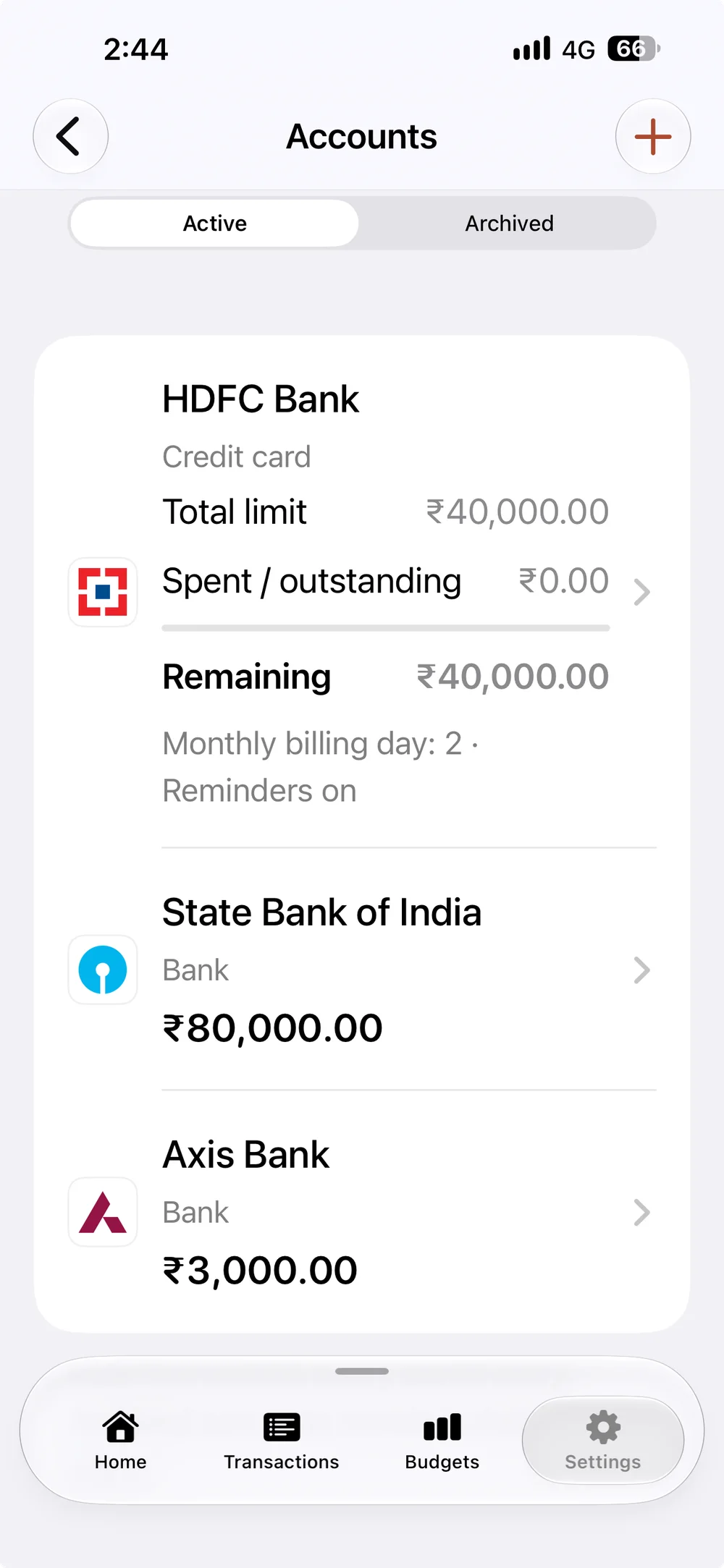 Bank and credit card accounts with balances, limits and reminders