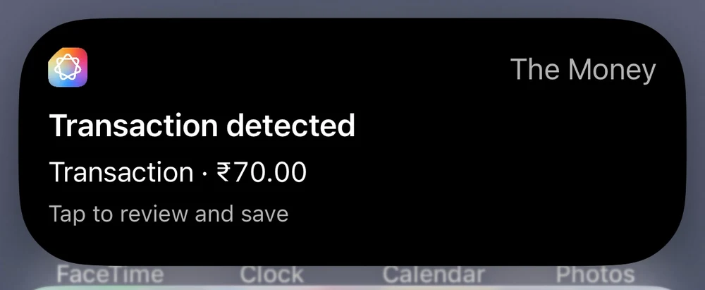 The Money notification: Transaction detected, ₹70.00. Tap to review and save.
