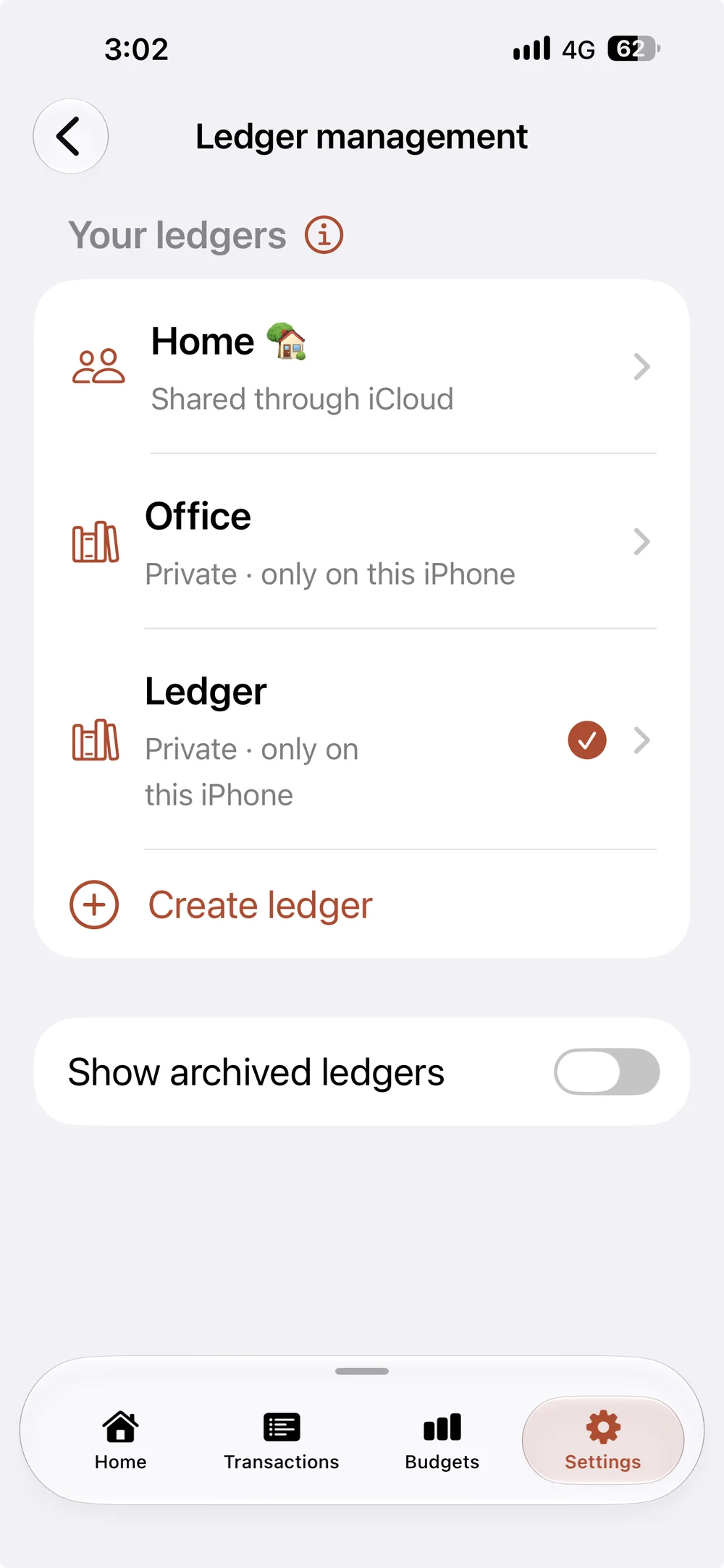 Home ledger shared through iCloud alongside separate Office and private ledgers